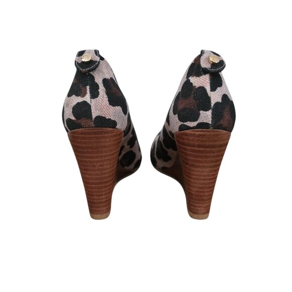 Stuart Weitzman Leopard Print Canvas Peep Toe Wedge Heels 9 New - Picture 4 of 5